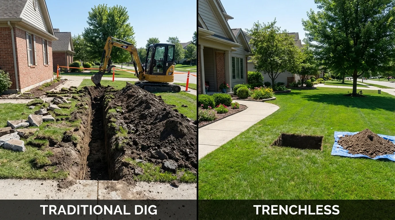 Trenchless sewer repair with minimal yard damage versus traditional excavation in Auburn, NE