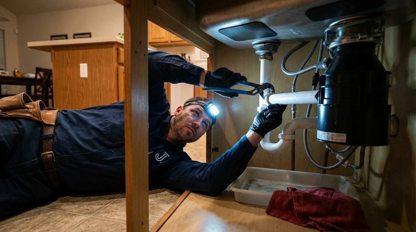 P-trap and supply line connections under a kitchen sink showing a common leak point in Auburn, NE